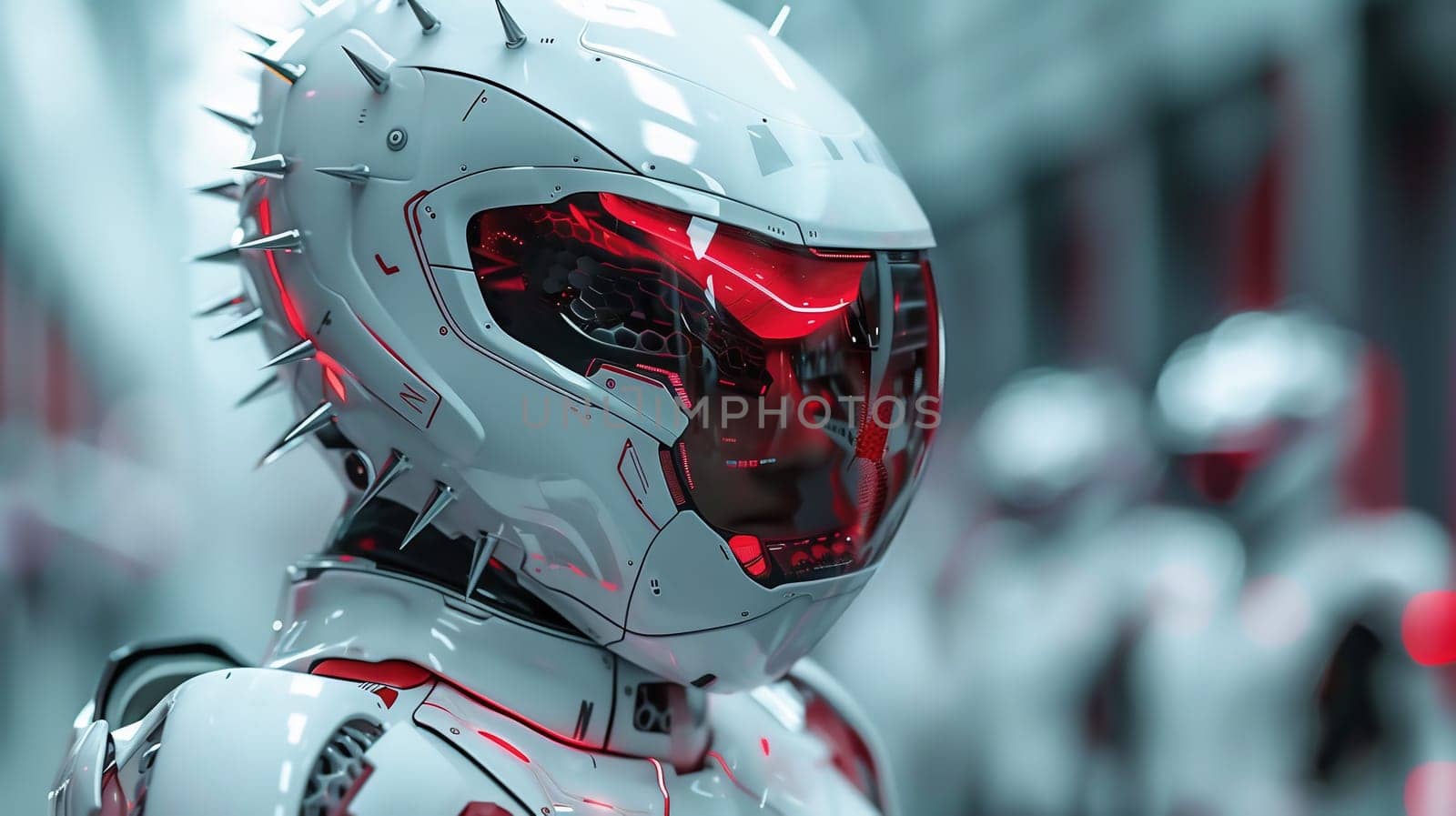 Robot cyborg android touching sensitive HUD sci fi display with futuristic user interface. Innovative artificial intelligence and virtual reality concept. 3D illustration. High quality photo