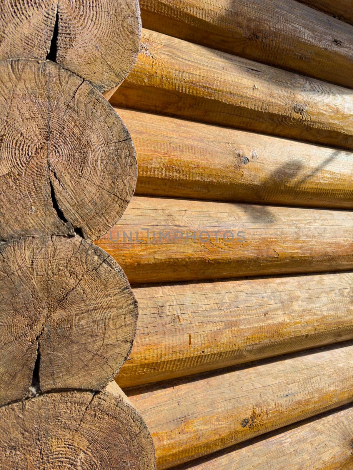 Logs of a wooden house in close-up on a sunny day, a bathhouse, the hut. High quality photo