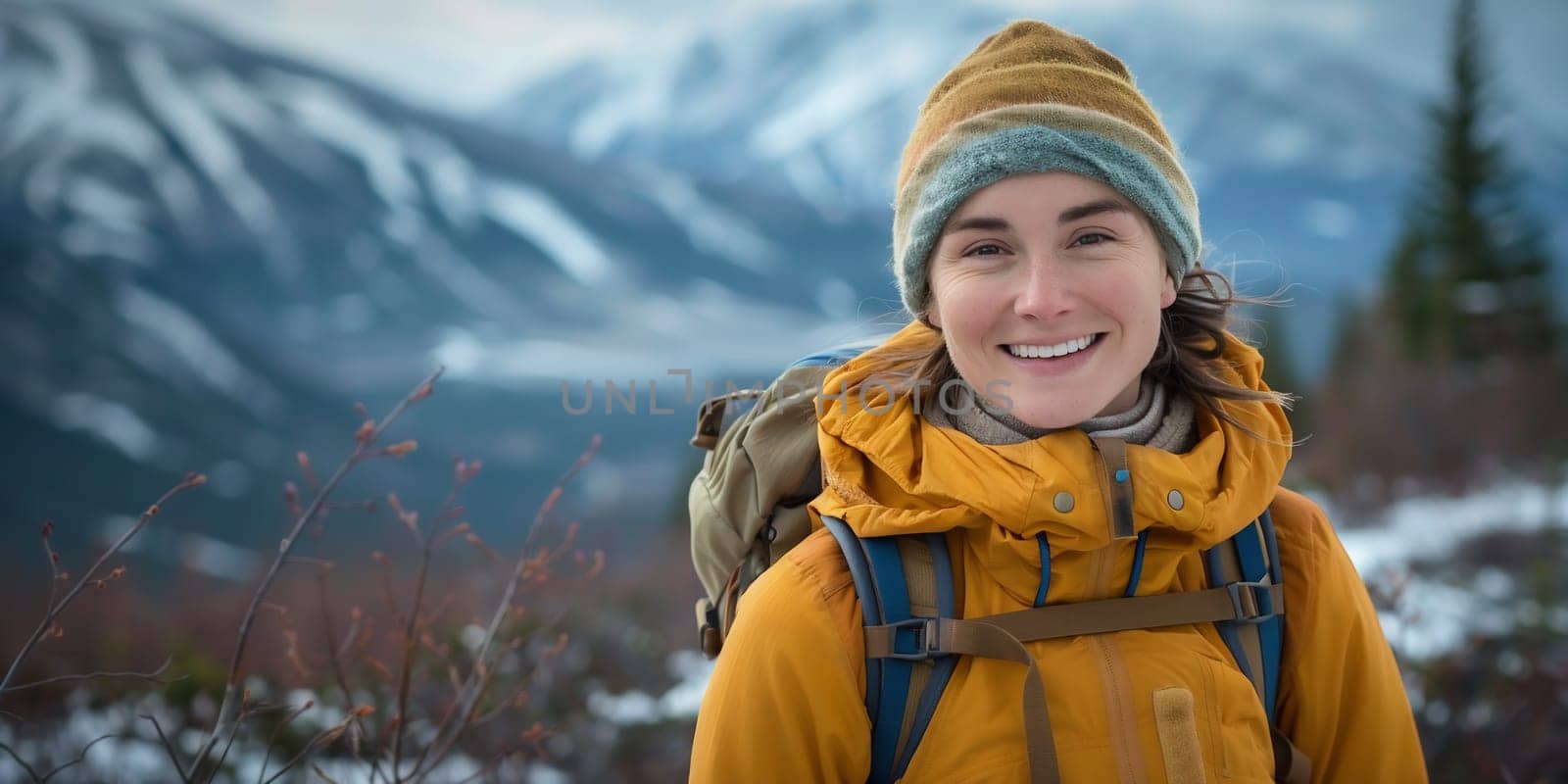 Portrait of young woman hiking in mountains by Andelov13