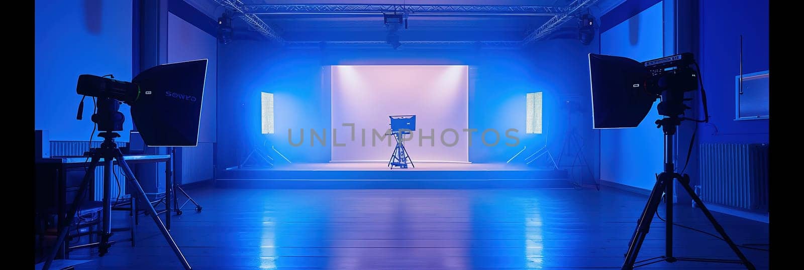 Large Pavilion Interior of Modern Film Studio with Blue Screen and Light Equipment. 3D Rendering by Andelov13