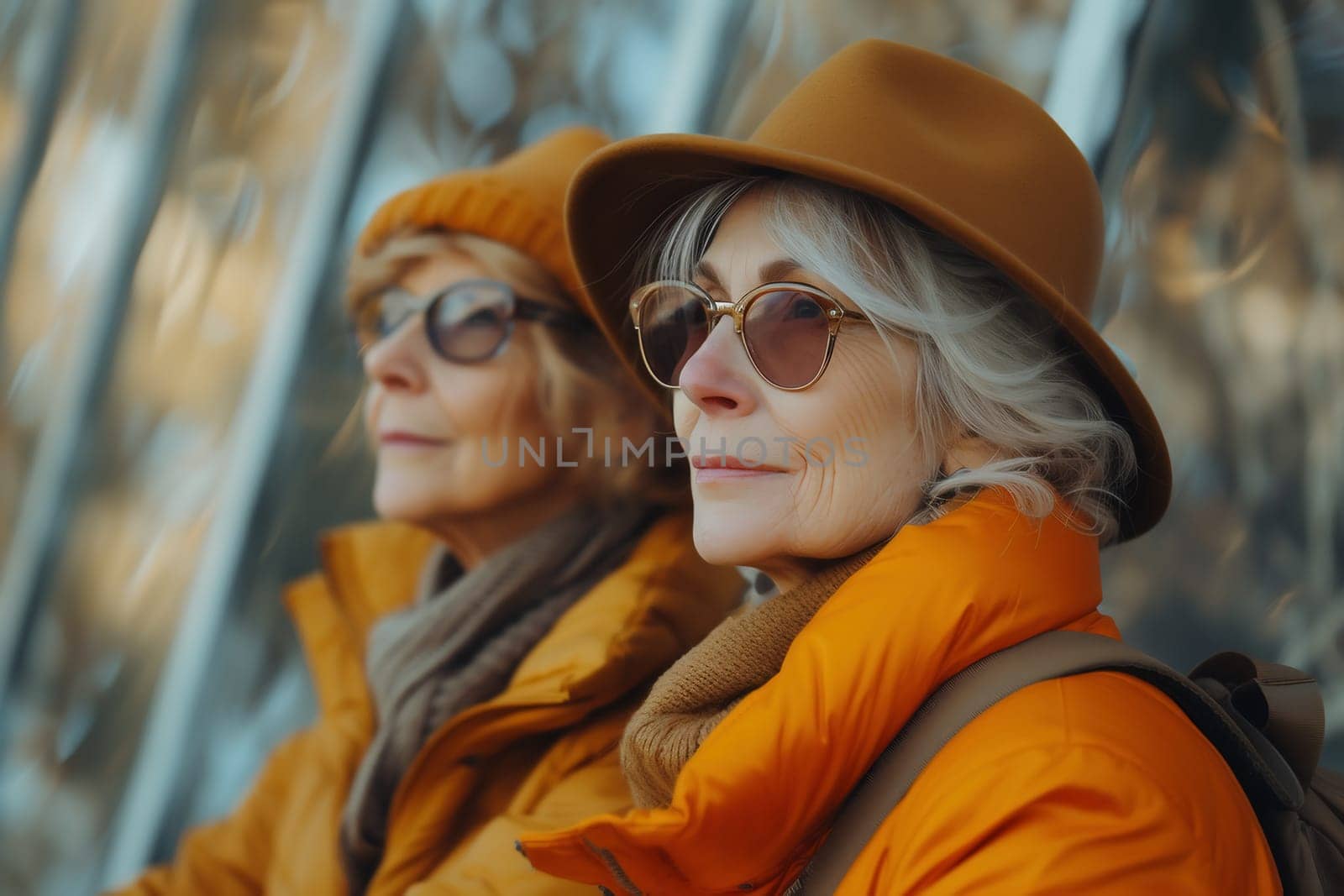 senior women on outdoor adventure, in the style of translucent planes, romantic scenery by Andelov13
