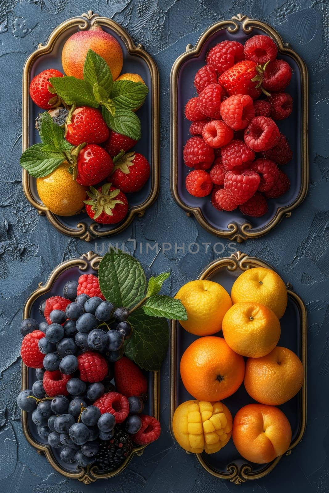 A set of labels for fruits and berries on a blue background. Labels with drawings of fruits. A template for your product. Illustration by Lobachad