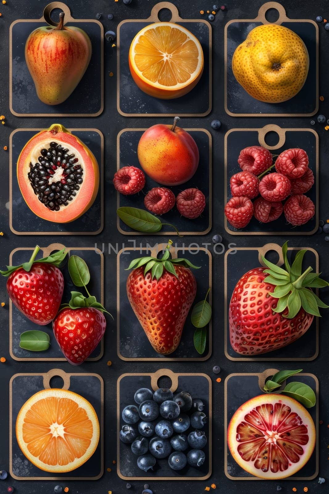 A set of labels for fruits and berries on a black background. Labels with drawings of fruits. A template for your product. Illustration.