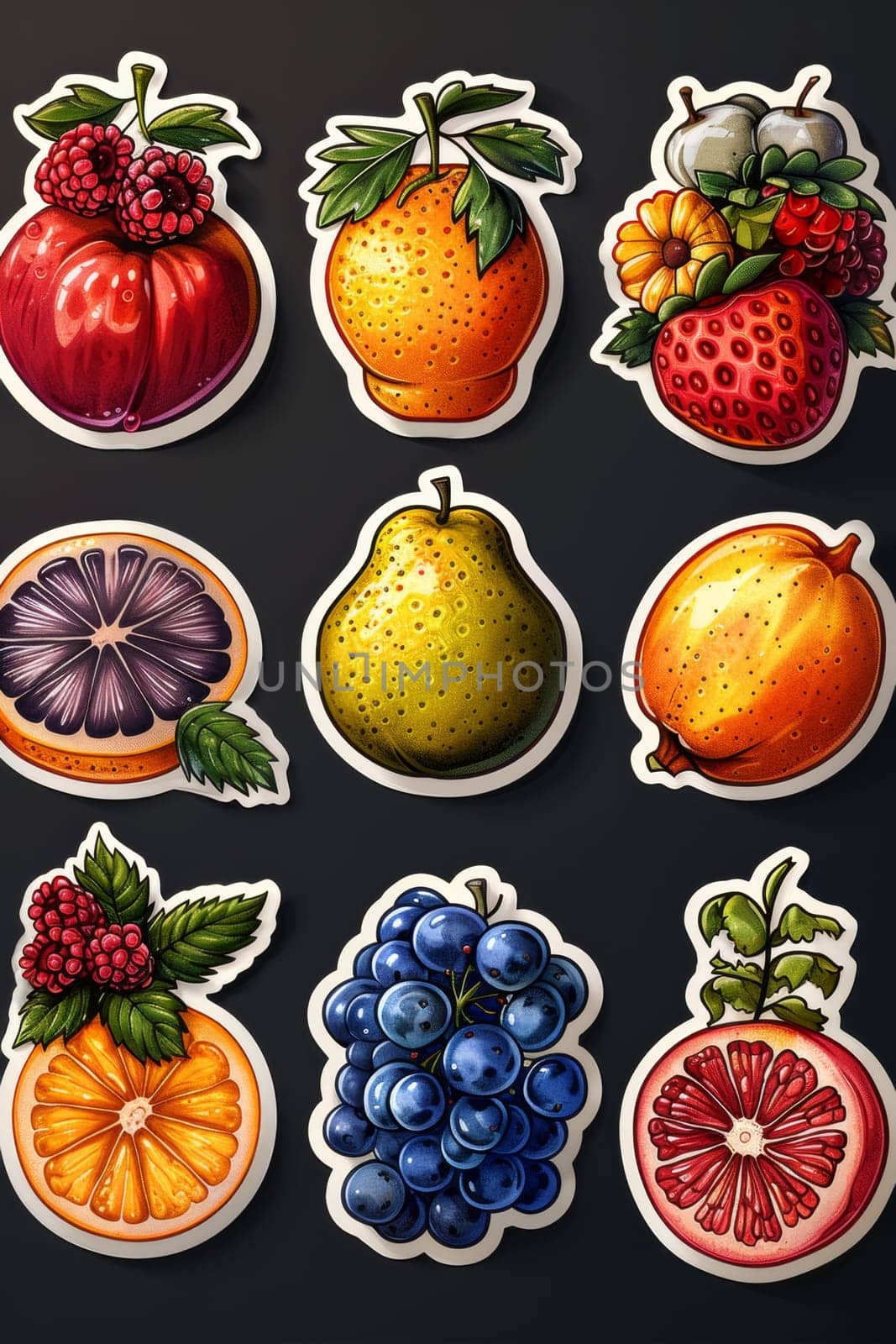 A set of labels for fruits and berries on a black background. Labels with drawings of fruits. A template for your product. Illustration.