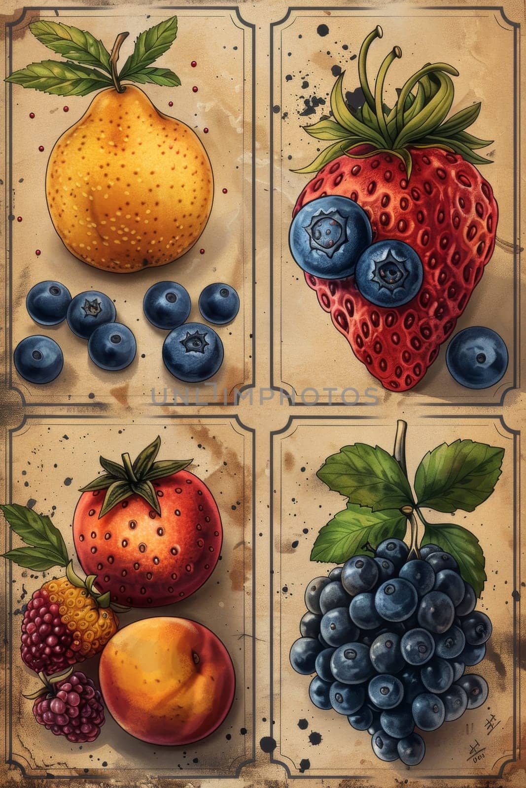 A set of labels for fruits and berries on a beige background. Labels with drawings of fruits. A template for your product. Illustration by Lobachad