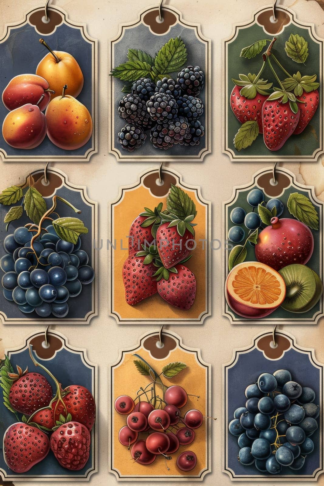 A set of labels for fruits and berries on a beige background. Labels with drawings of fruits. A template for your product. Illustration.