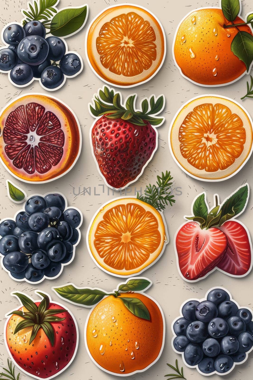 A set of labels for fruits and berries on a beige background. Labels with drawings of fruits. A template for your product. Illustration by Lobachad