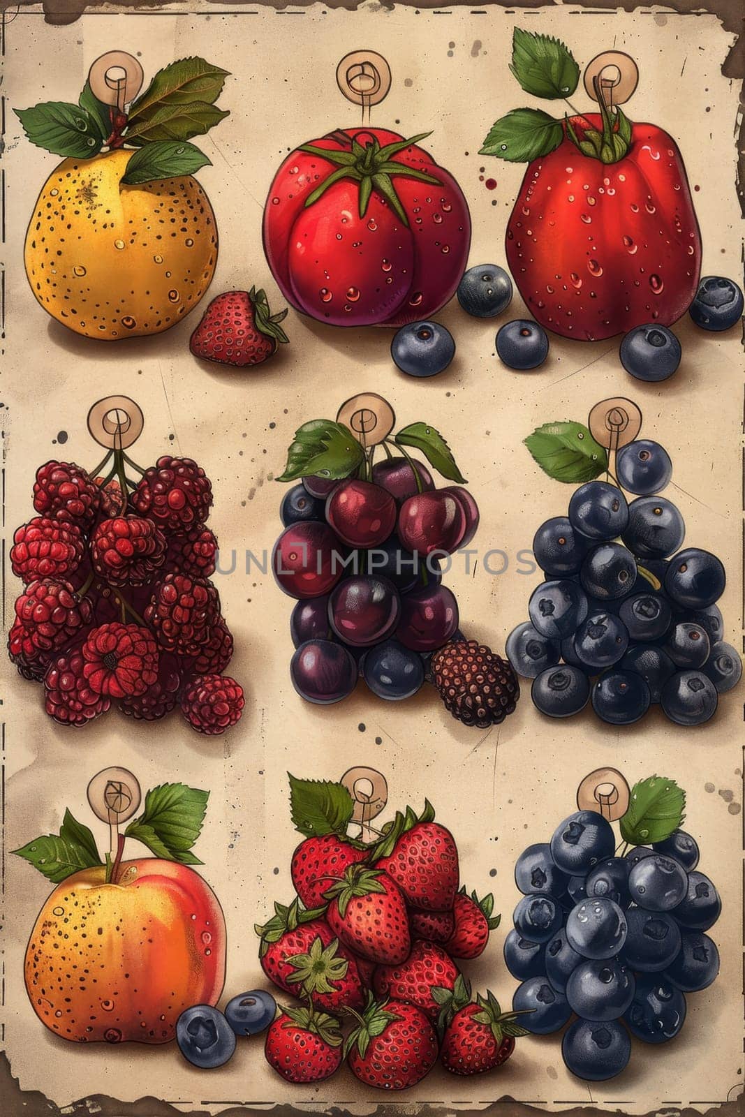 A set of labels for fruits and berries on a beige background. Labels with drawings of fruits. A template for your product. Illustration by Lobachad