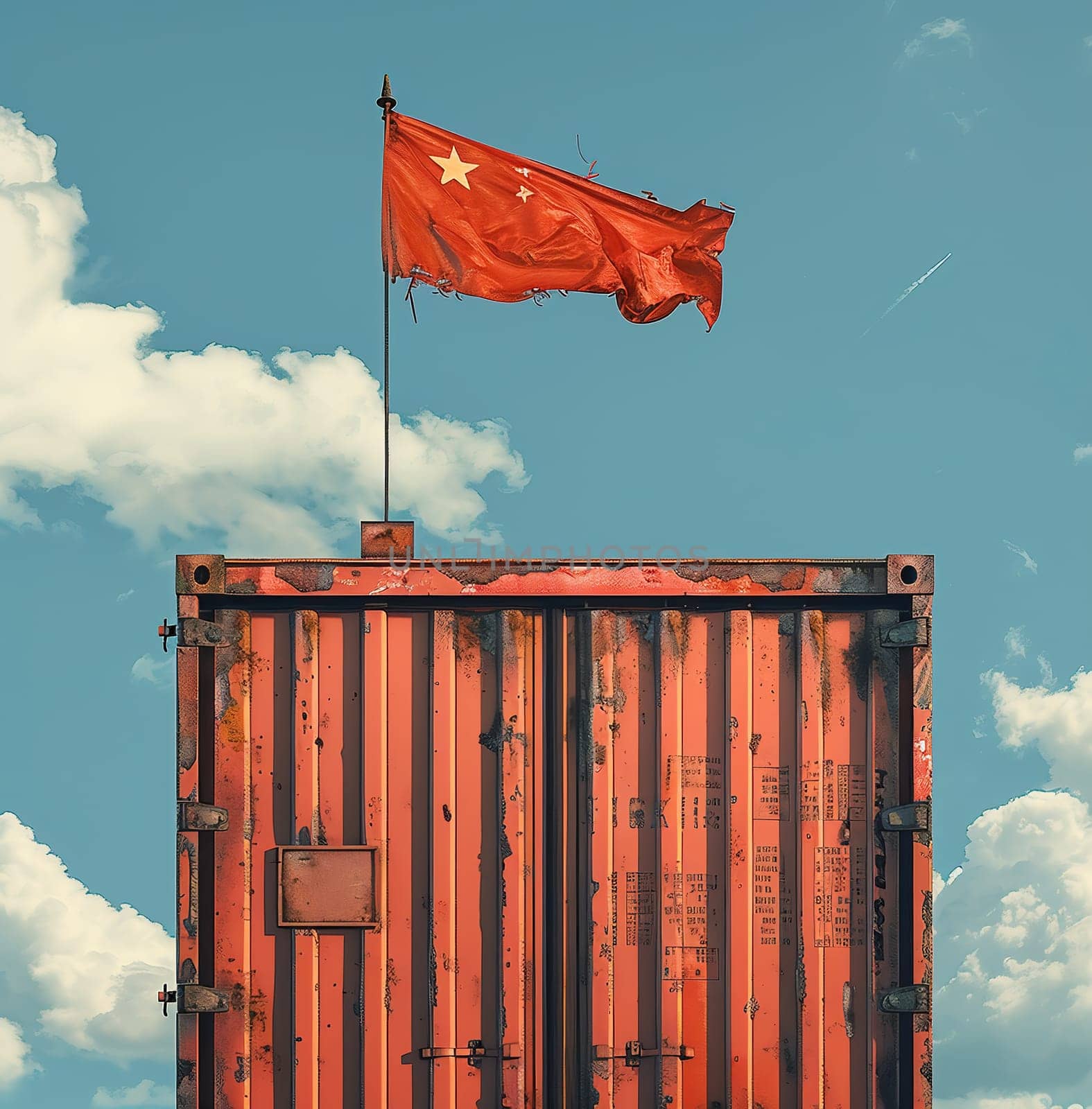 Freight shipping container with flag of china on crane hook - 3D illustration. High quality photo