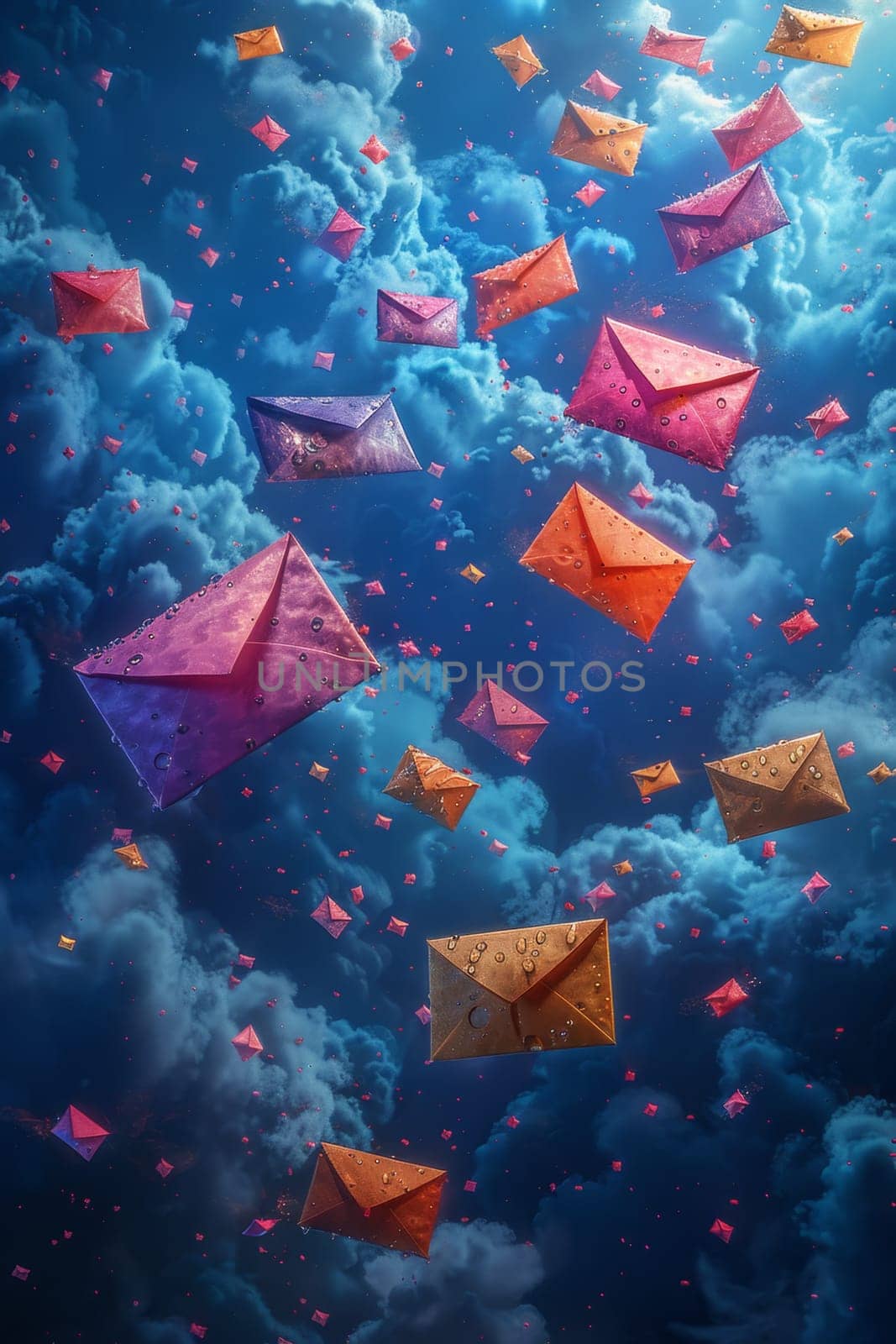 Postal envelopes flying across the sky. 3d illustration by Lobachad