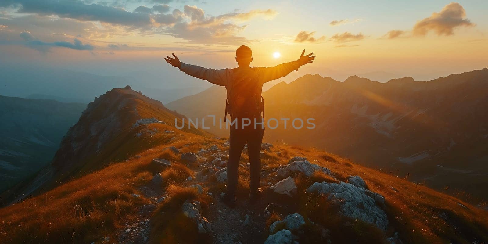 Man at the top of a mountain looking the misty landscape around. Feel free. High quality photo