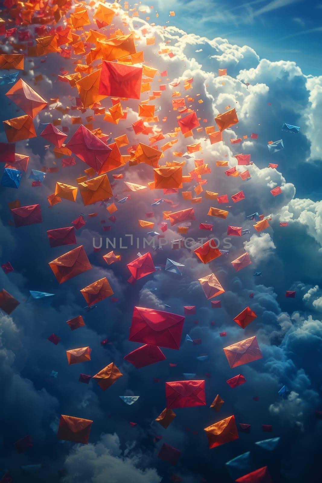 Postal envelopes flying across the sky. 3d illustration.