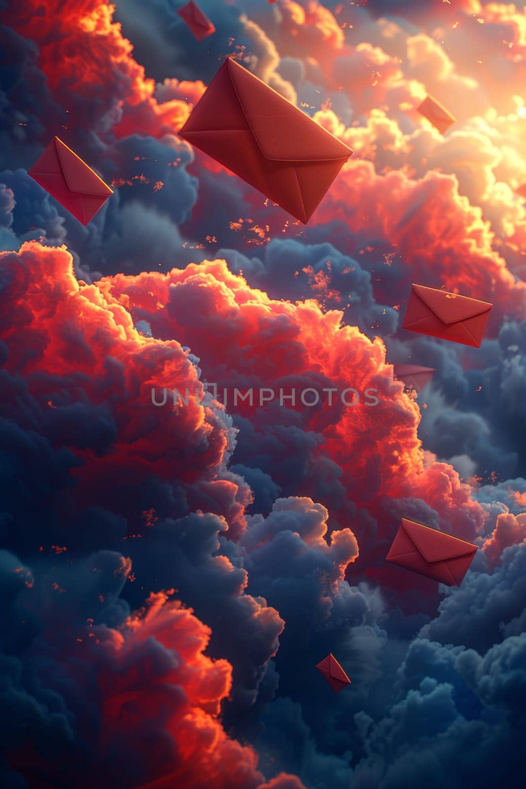 Postal envelopes flying across the sky. 3d illustration by Lobachad