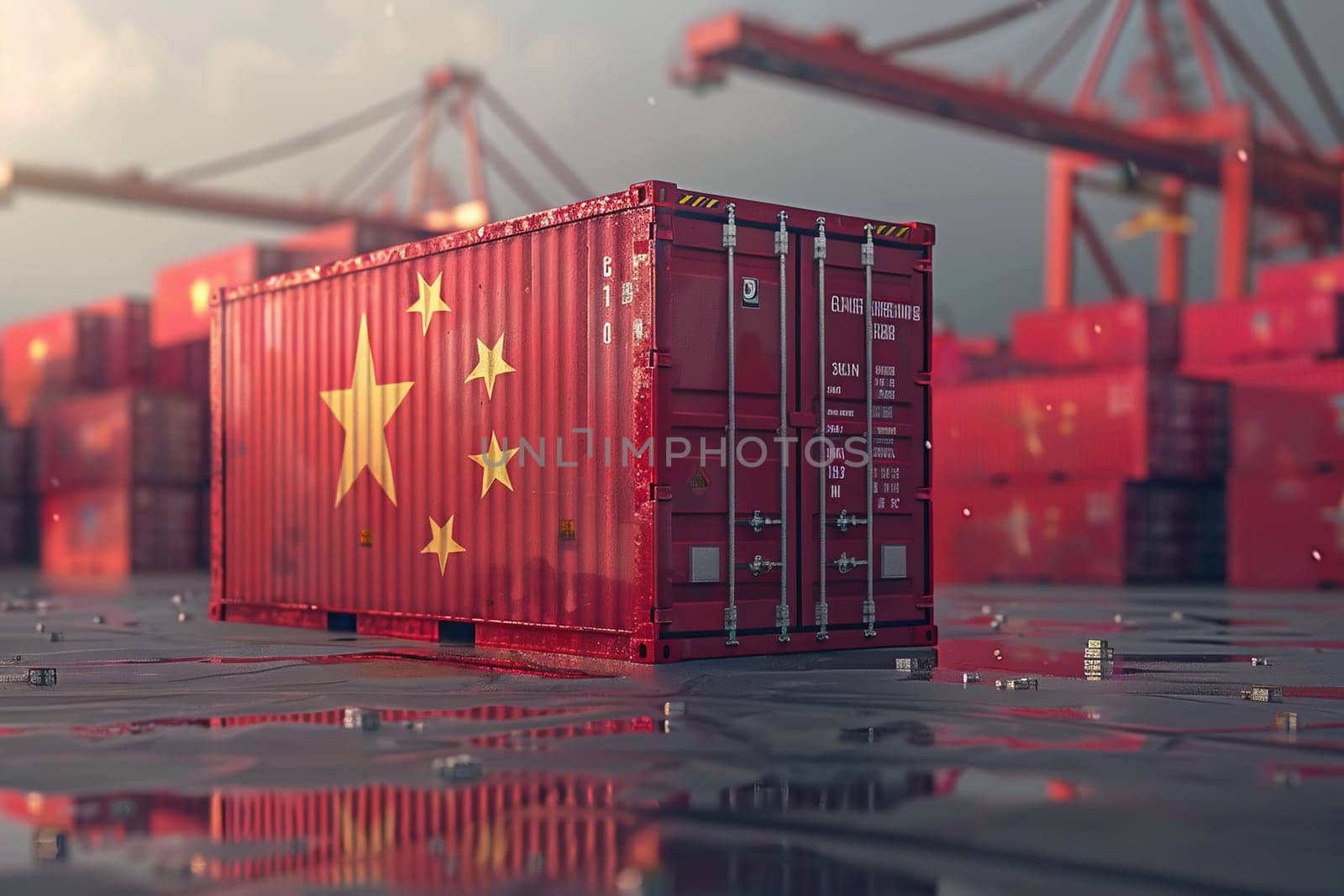 Freight shipping container with flag of china on crane hook - 3D illustration by Andelov13