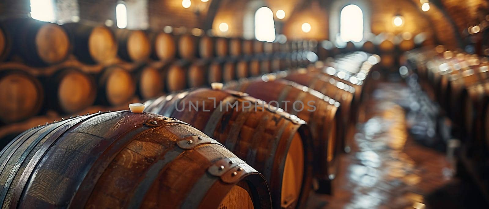 Vintage Winemaking Cellar with Barrels in Soft Focus by Benzoix