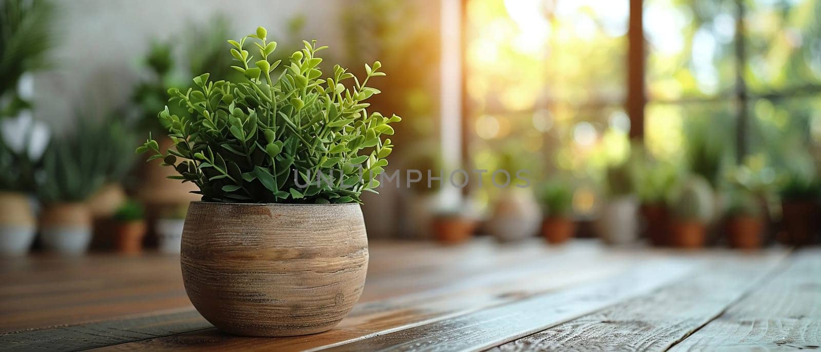 Sustainable Living Showcased in Bright, Eco-Friendly Home Interior, Blurred green plants and eco-decor suggest an environmentally conscious lifestyle.