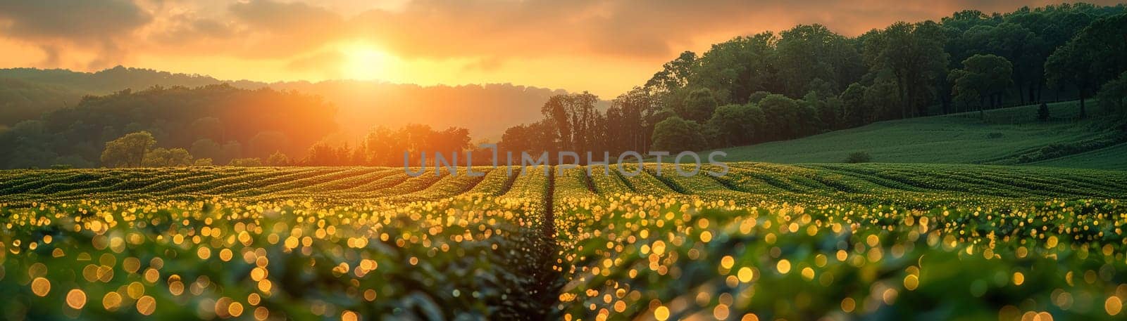 Morning Dew on Fresh Organic Farmland at Sunrise, A serene, blurred landscape of sprawling farmland signifies a new day in sustainable agriculture.