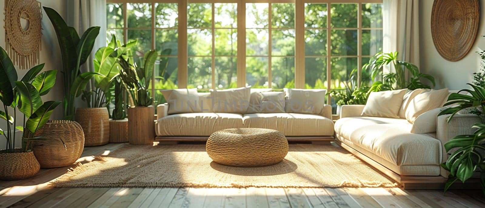 Sustainable Living Showcased in Bright, Eco-Friendly Home Interior, Blurred green plants and eco-decor suggest an environmentally conscious lifestyle.