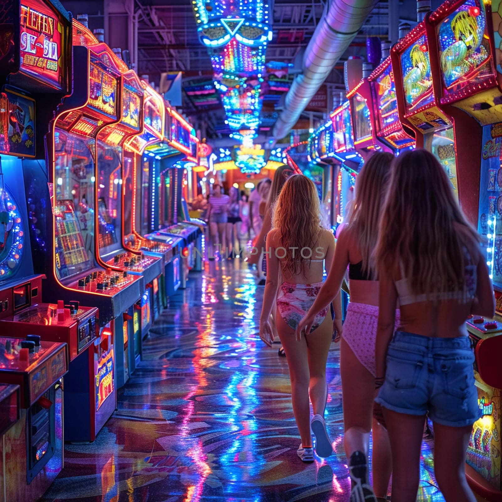 Neon-Lit Arcade with Games and Players in a Blur of Fun, The streaks of light and excitement capture the lively atmosphere of gaming and entertainment.