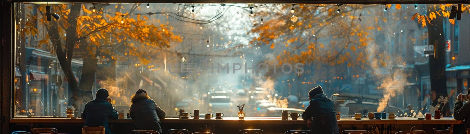 Cozy Coffee House Corner with Blurred Patrons and Steamy Mugs, The hazy warmth of the interior invites contemplation and community.