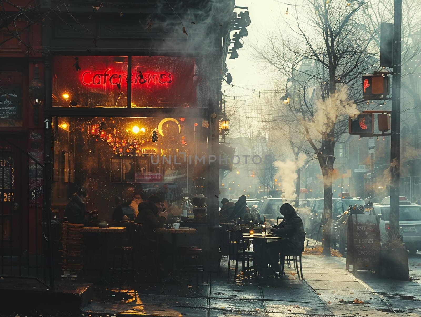 Cozy Coffee House Corner with Blurred Patrons and Steamy Mugs, The hazy warmth of the interior invites contemplation and community.