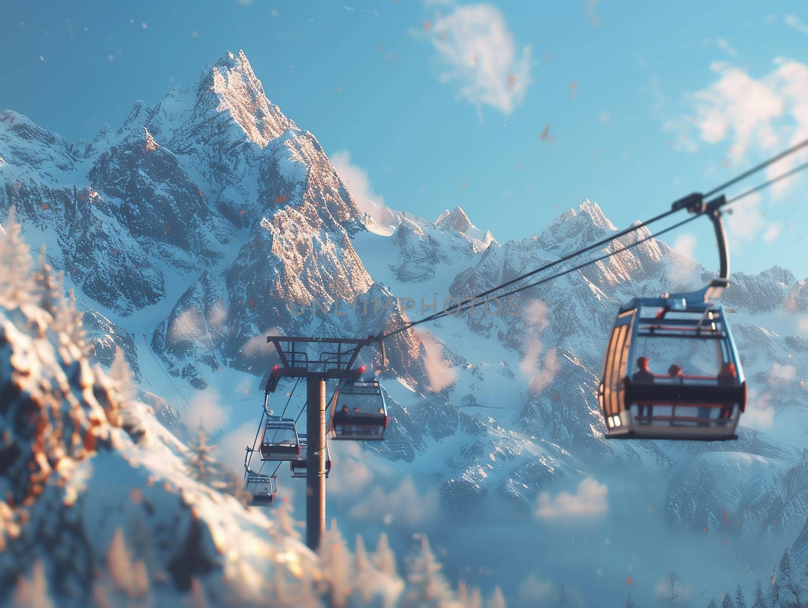 Cable car gondola in front of mountain scenery. High quality photo
