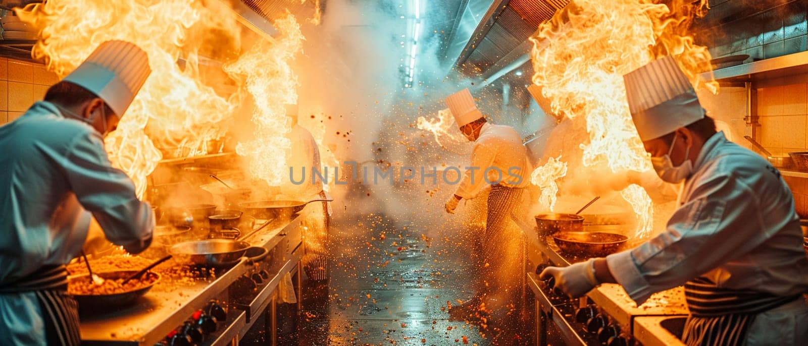 Gourmet Kitchen in Action with Chefs Blurring as They Cook, The chefs' flurry of activity against the steel and fire suggests the heat of culinary creation.