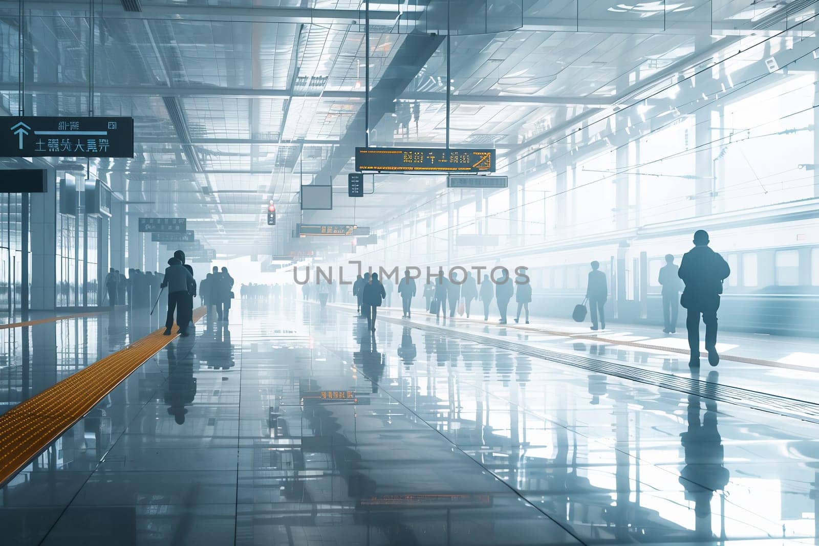 Futuristic Airport interior people walking in motion blur. High quality photo