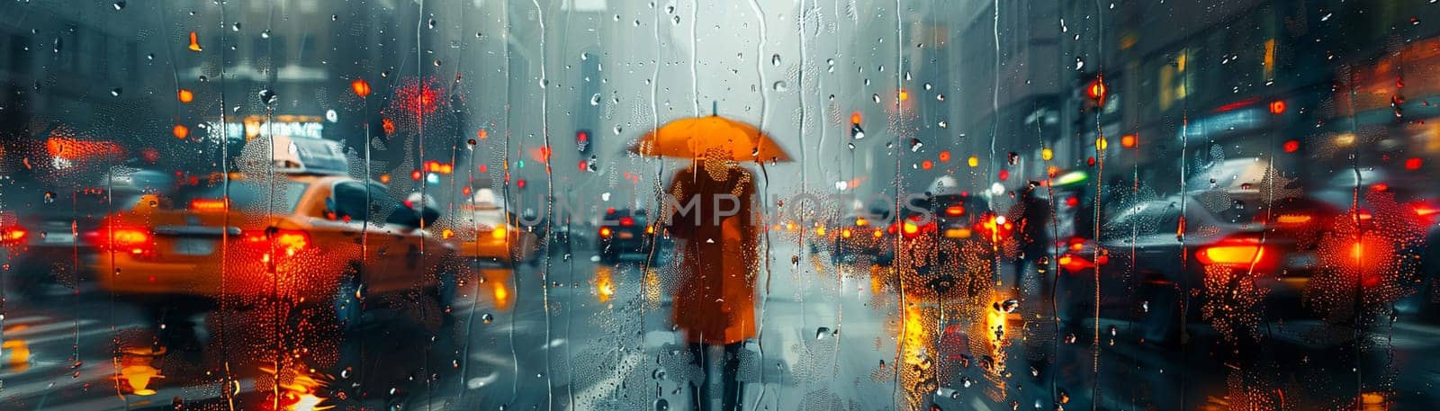 Rainy Day Cityscape with Blurred Umbrellas and Pedestrians, The water-streaked scene suggests the resilience and adaptability of city dwellers.