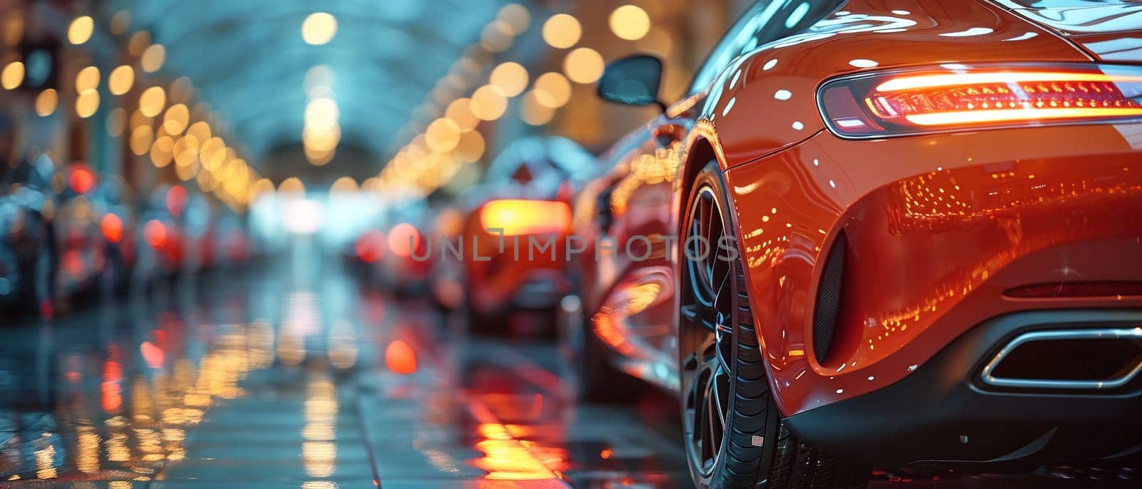 High-End Car Dealership with Sleek Models in Soft Lighting, The blurred edges of luxury vehicles hint at speed, design, and aspirational lifestyle.