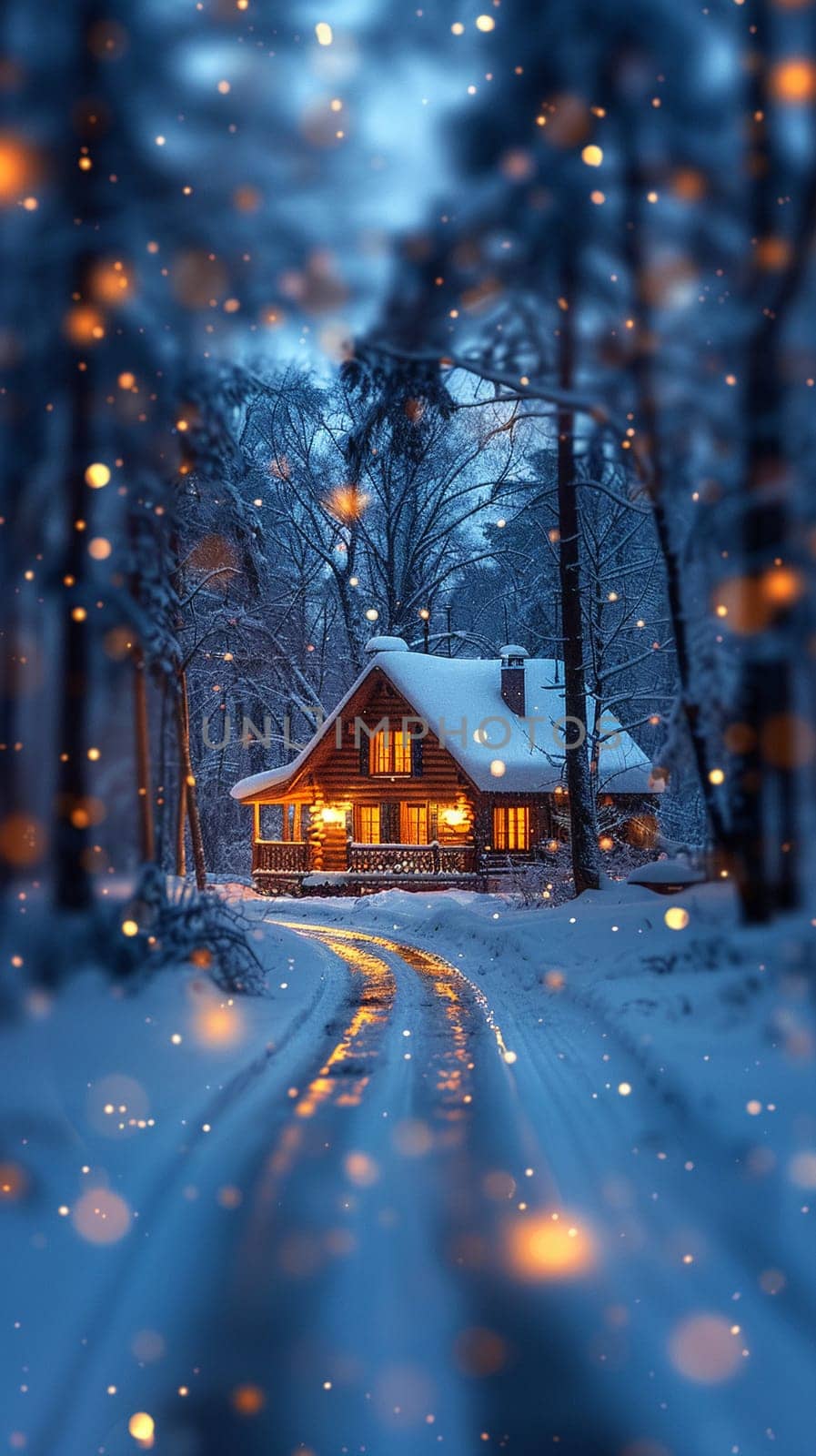 Cozy Winter Cabin with Blurred Snowflakes and Warm Lights, The soft glow and falling snow create an atmosphere of winter comfort and retreat.