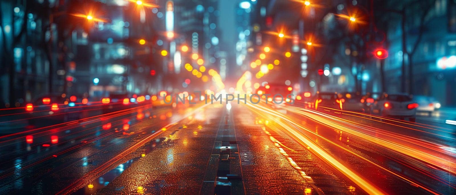 Nighttime City Traffic with Streaks of Headlights and Streetlights, The motion blur of lights suggests the pulse and flow of urban life after dark.