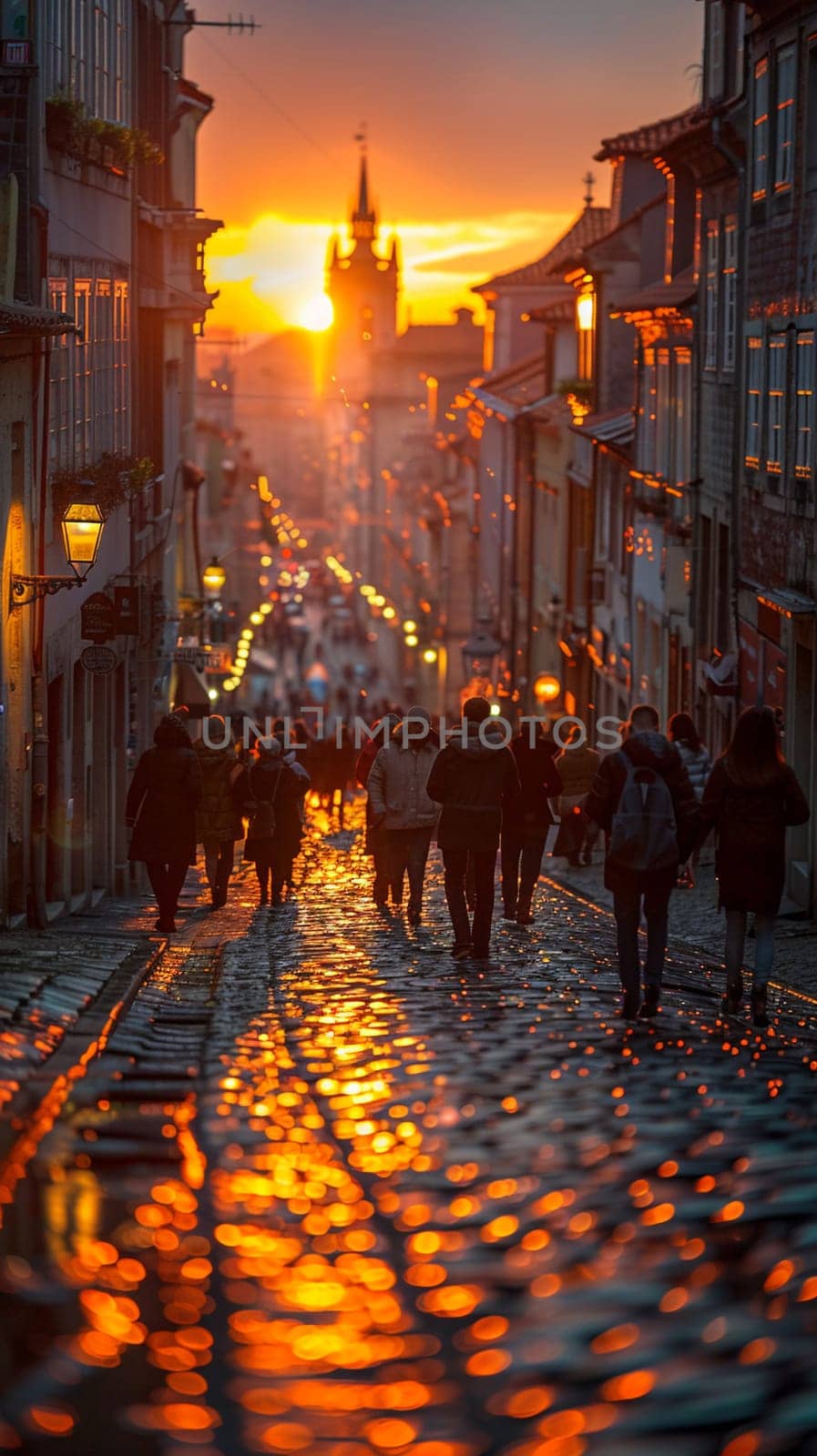 Cobbled Streets of a Historic City Center with Tourists Exploring by Benzoix