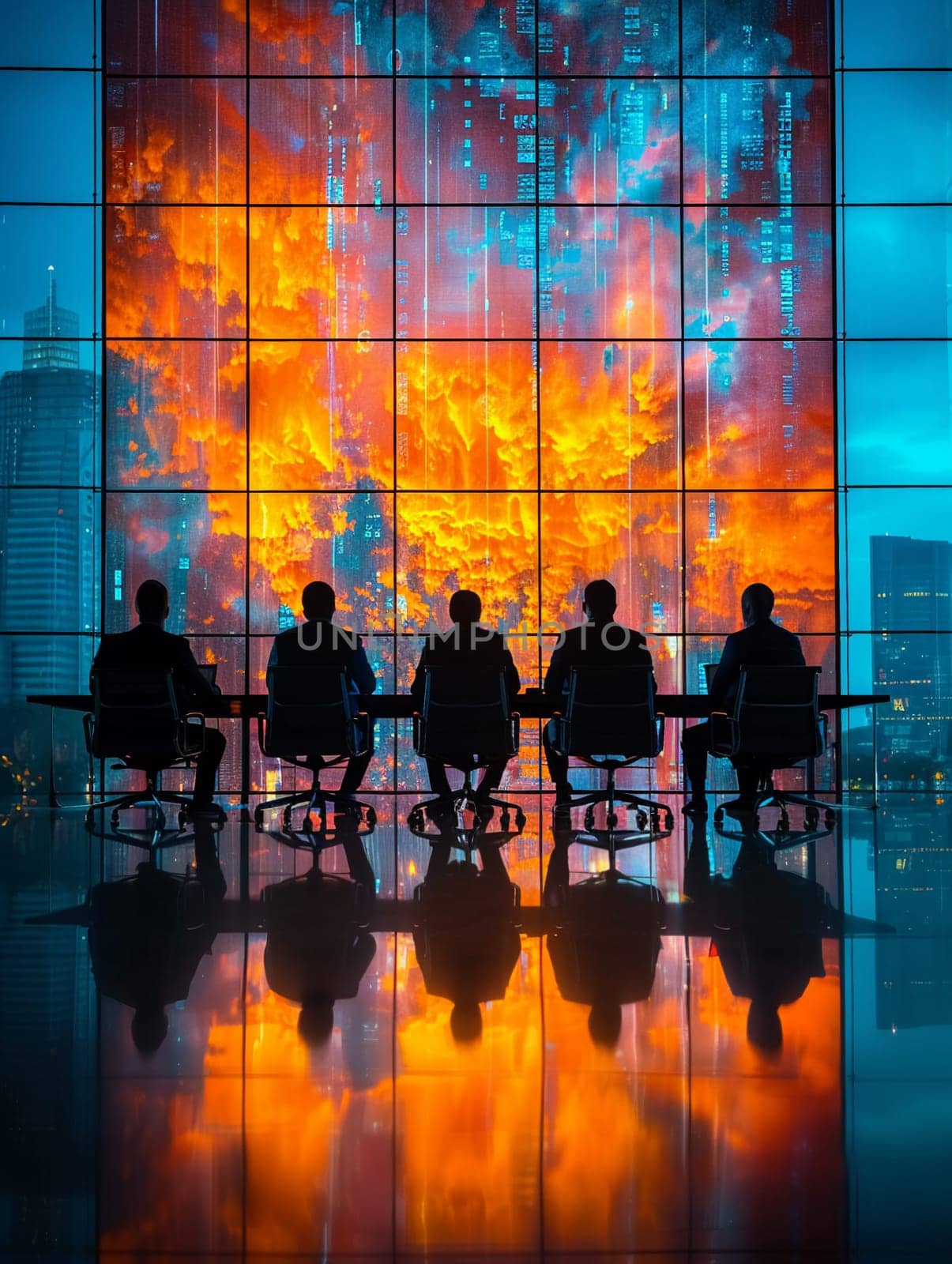 Executive Board Meeting with Blurred Presenters and Projectors, The fuzzy figures against a bright screen hint at corporate strategies and discussions.