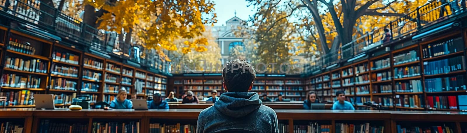 Historic Library with Students Lost in Study and Thought, A soft focus on readers among towering bookshelves conveys the pursuit of knowledge.