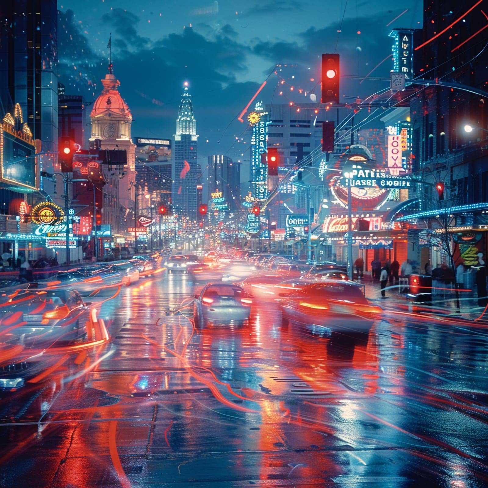 Pulsing Neon Lights of Downtown Nightlife and Entertainment District, The blur of neon signs and street life captures the energetic nightlife vibe.