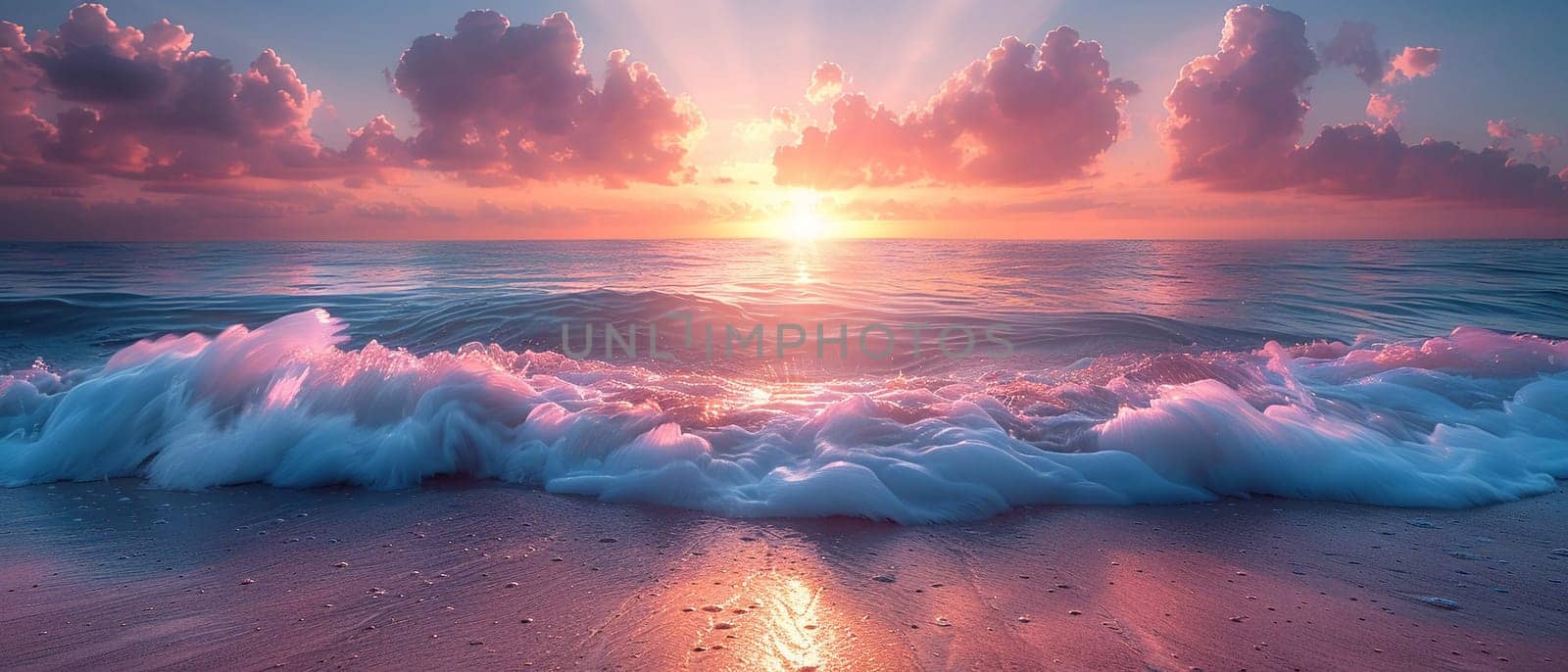 Sunset Hues Casting Warm Glow Over Serene Ocean Waves The fading light blurs into the calm sea by Benzoix