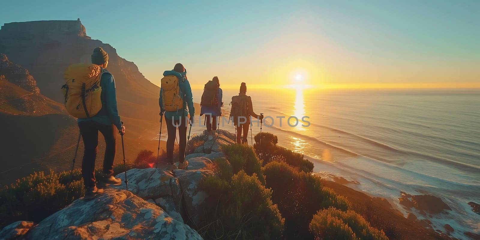 Group of happy backpackers trekking on sunny day. Young tourists traveling and enjoying active summer vacation. hiking trail with friends by Andelov13