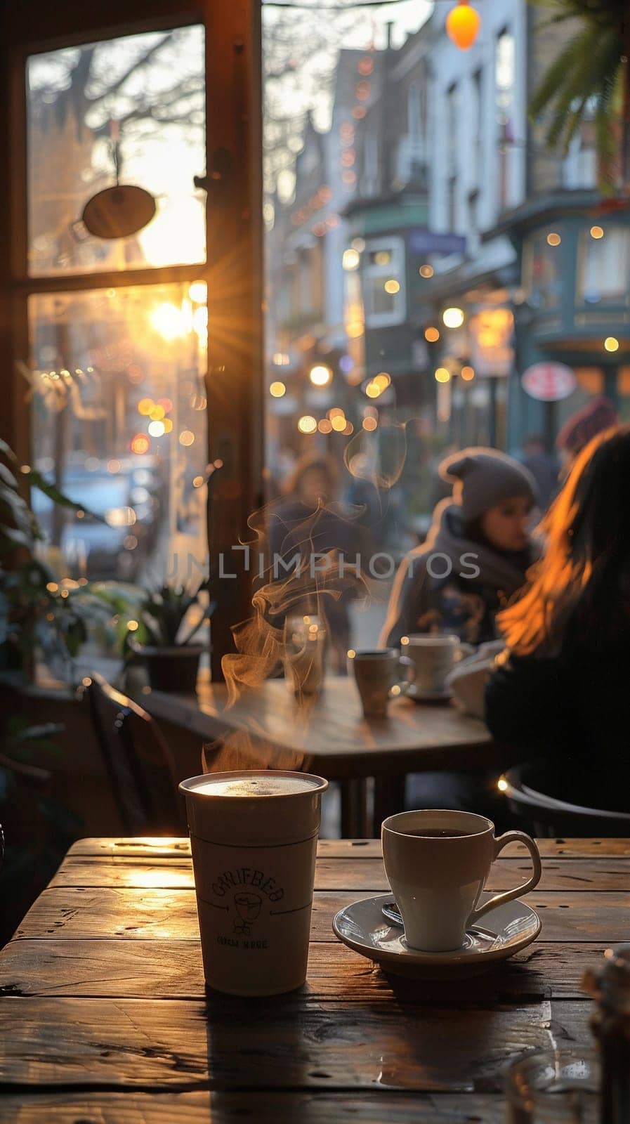 Cozy Coffee House Corner with Blurred Patrons and Steamy Mugs by Benzoix