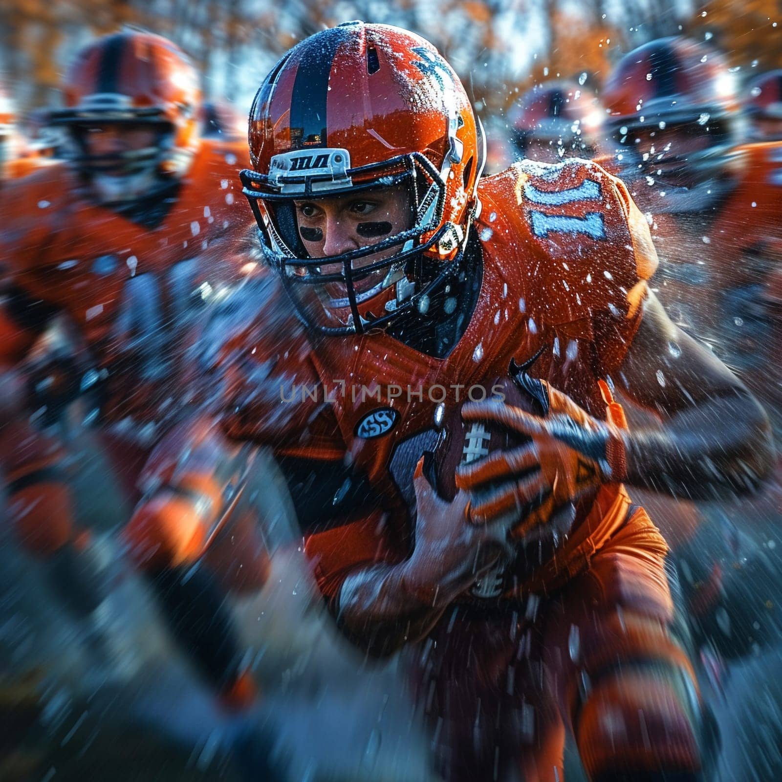 Championship Football Team in Action on a Floodlit Field, The motion blur captures the intensity and excitement of a high-stakes game.