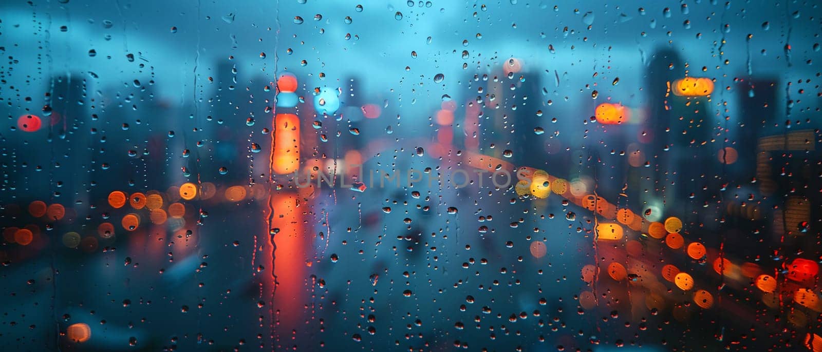 Raindrops on Window with Abstract Cityscape Reflection The blurring effect of rain on glass merges with city contours by Benzoix