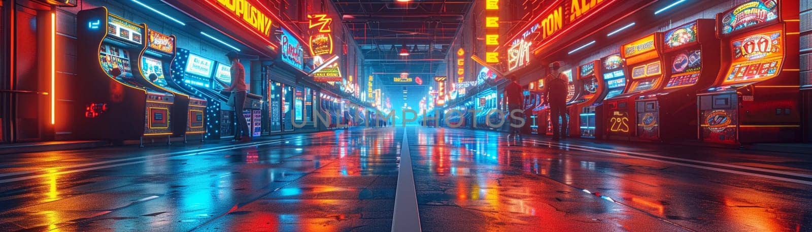 Neon-Lit Arcade with Games and Players in a Blur of Fun, The streaks of light and excitement capture the lively atmosphere of gaming and entertainment.