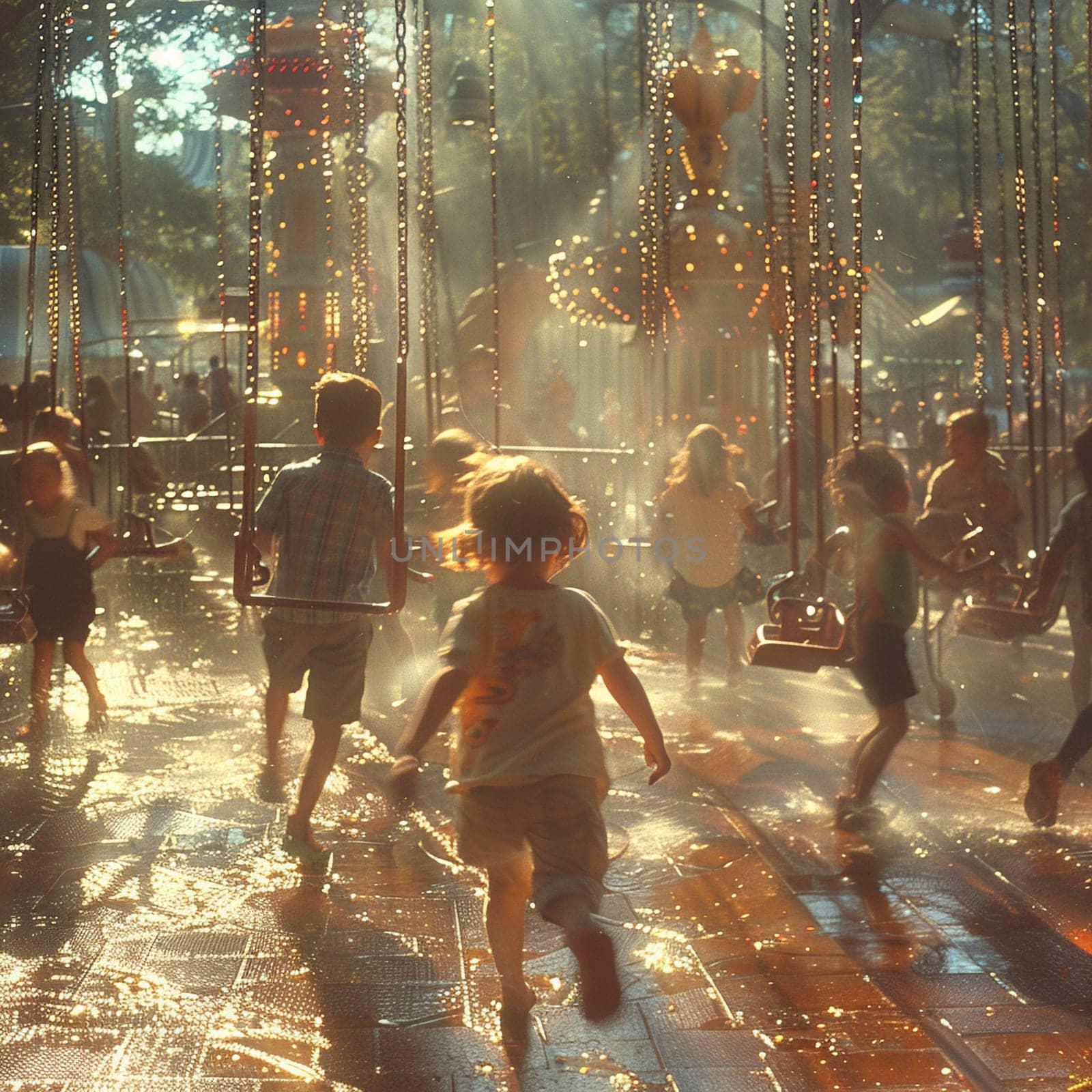 Energetic Kids Playground with a Blur of Children Laughing and Playing, The movement suggests the innocence and joy of childhood.