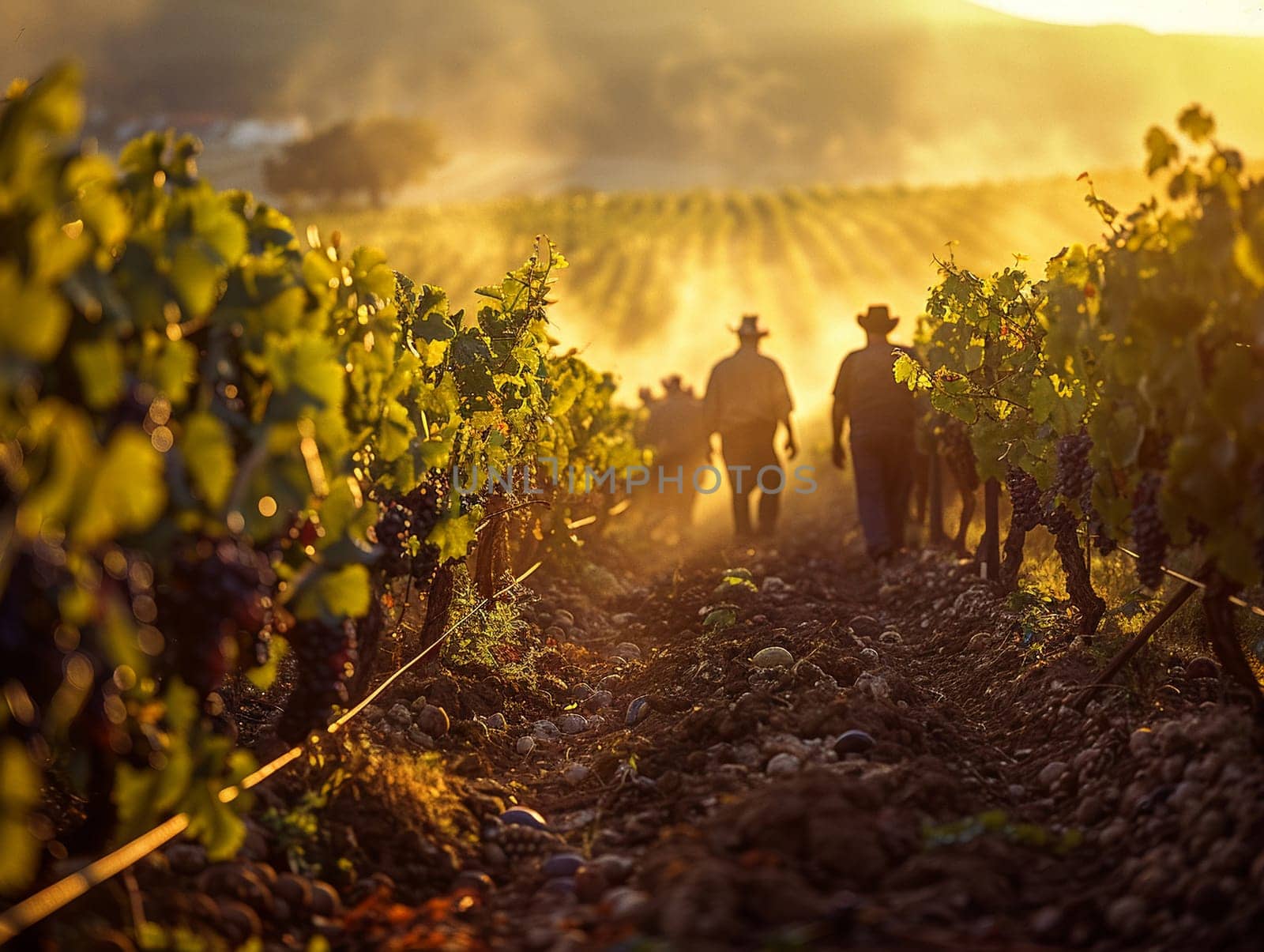 Sprawling Vineyard at Harvest Time with Workers in the Fields by Benzoix