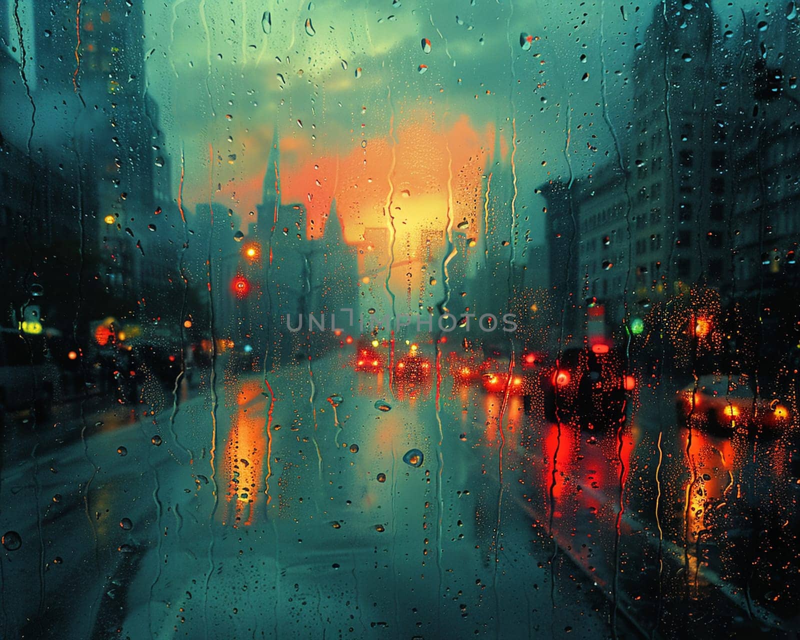 Raindrops on Window with Abstract Cityscape Reflection, The blurring effect of rain on glass merges with city contours, depicting weather's influence on urban life.