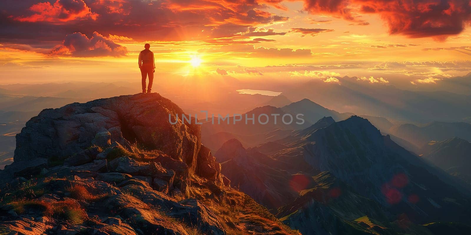 Man at the top of a mountain looking the misty landscape around. Feel free. High quality photo