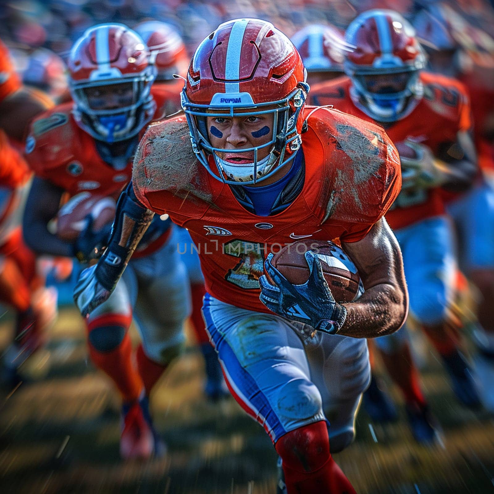 Championship Football Team in Action on a Floodlit Field, The motion blur captures the intensity and excitement of a high-stakes game.