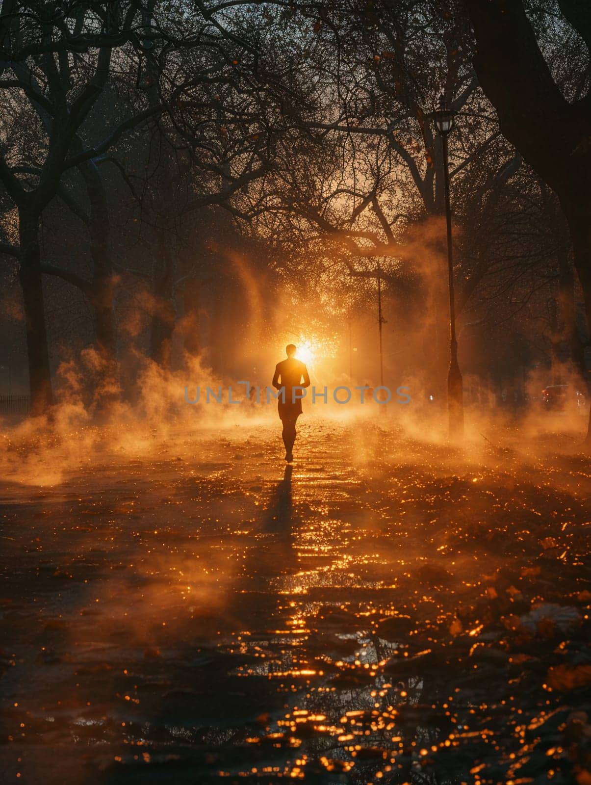 Early Morning Jogger's Silhouette Against a Misty Park Sunrise, A runner's motion blurs into the dawn, reflecting health and routine in urban life.