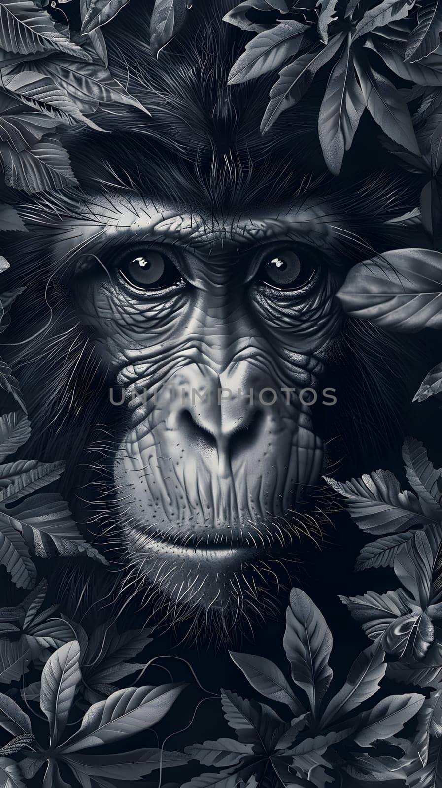 Closeup monochrome painting of a chimpanzee in darkness surrounded by leaves by Nadtochiy
