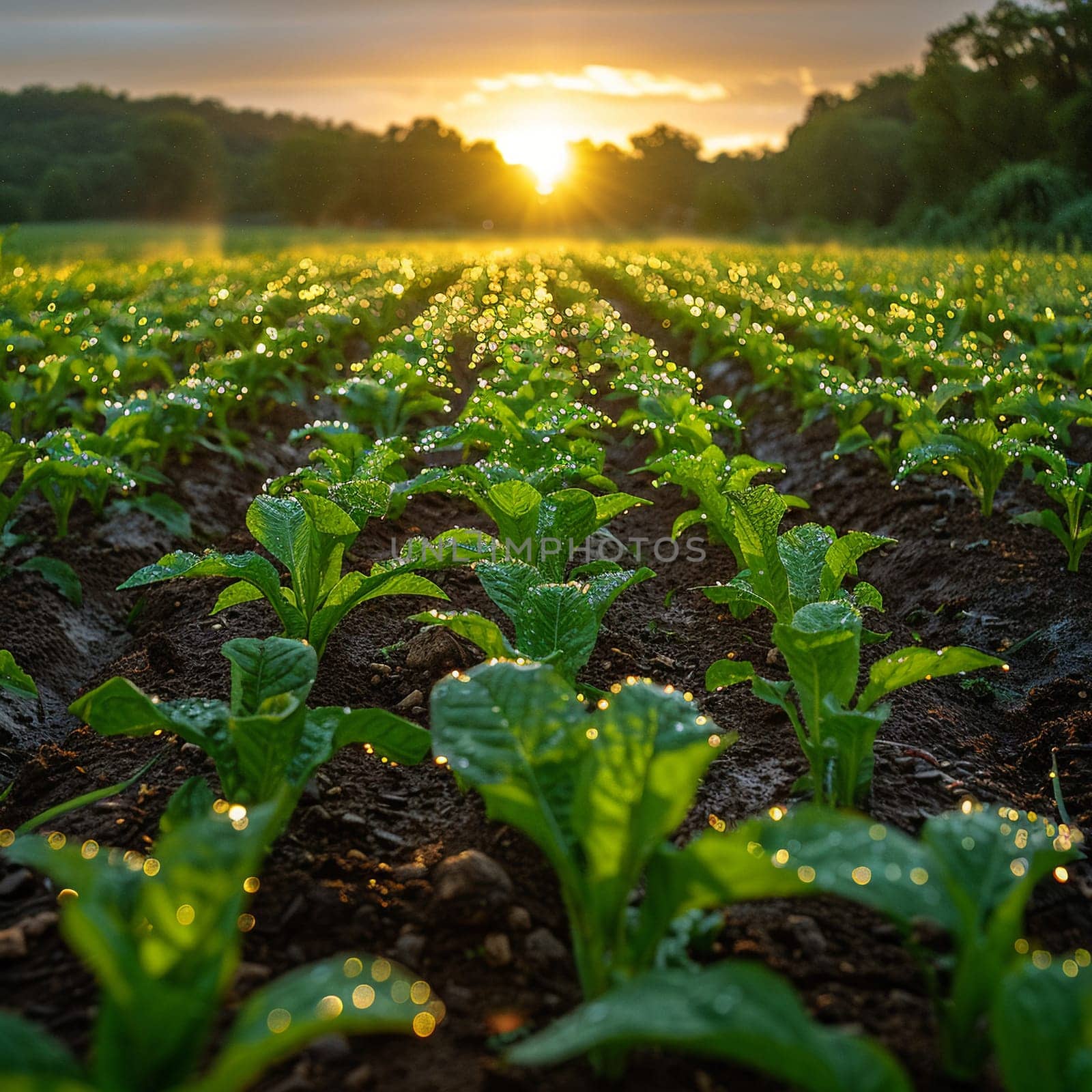 Morning Dew on Fresh Organic Farmland at Sunrise, A serene, blurred landscape of sprawling farmland signifies a new day in sustainable agriculture.